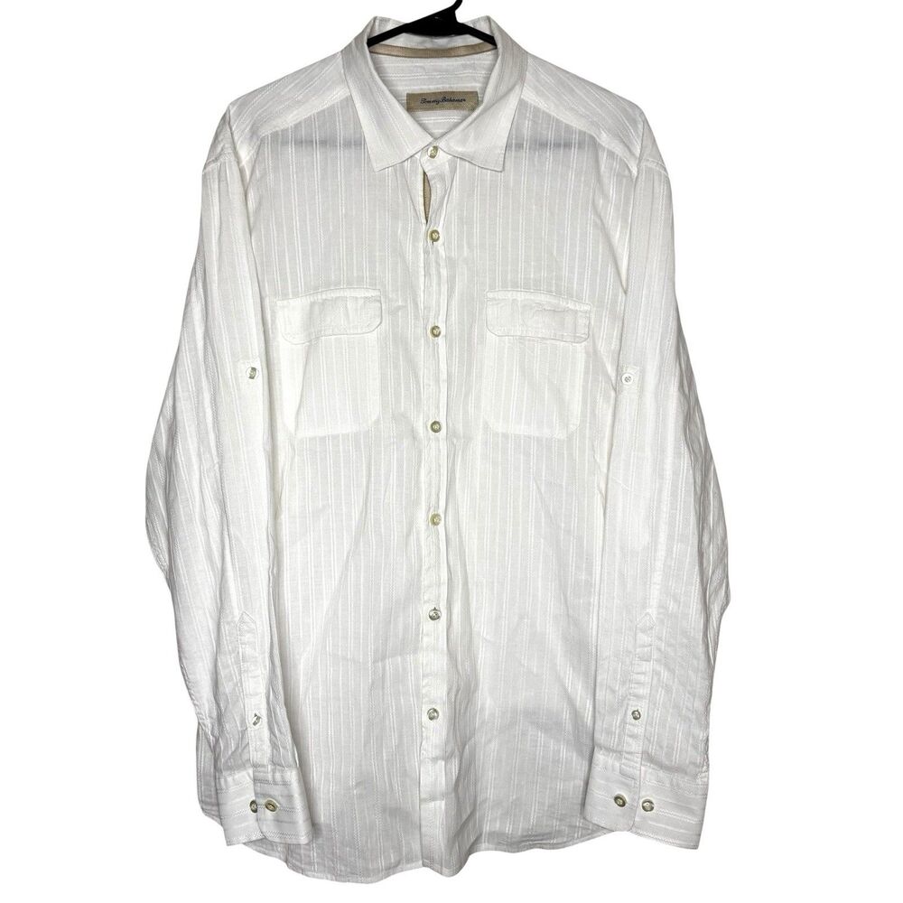 Tommy Bahama Men’s Linen Blend Button Up Shirt Large White Long Sleeve Resort - Picture 2 of 8